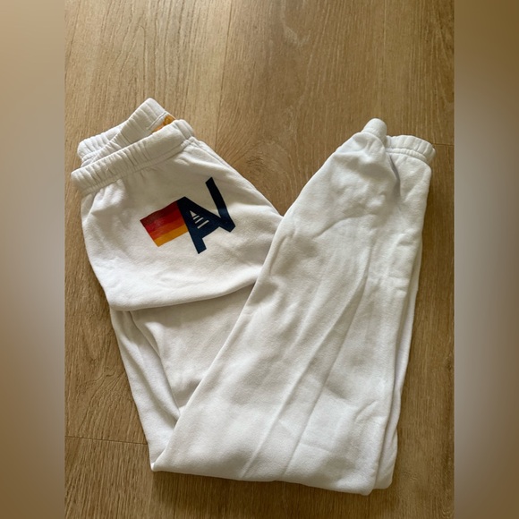 Aviator Nation Pants - Aviator Nation White Track Joggers with Sunset Stripe & Navy 'A' Logo